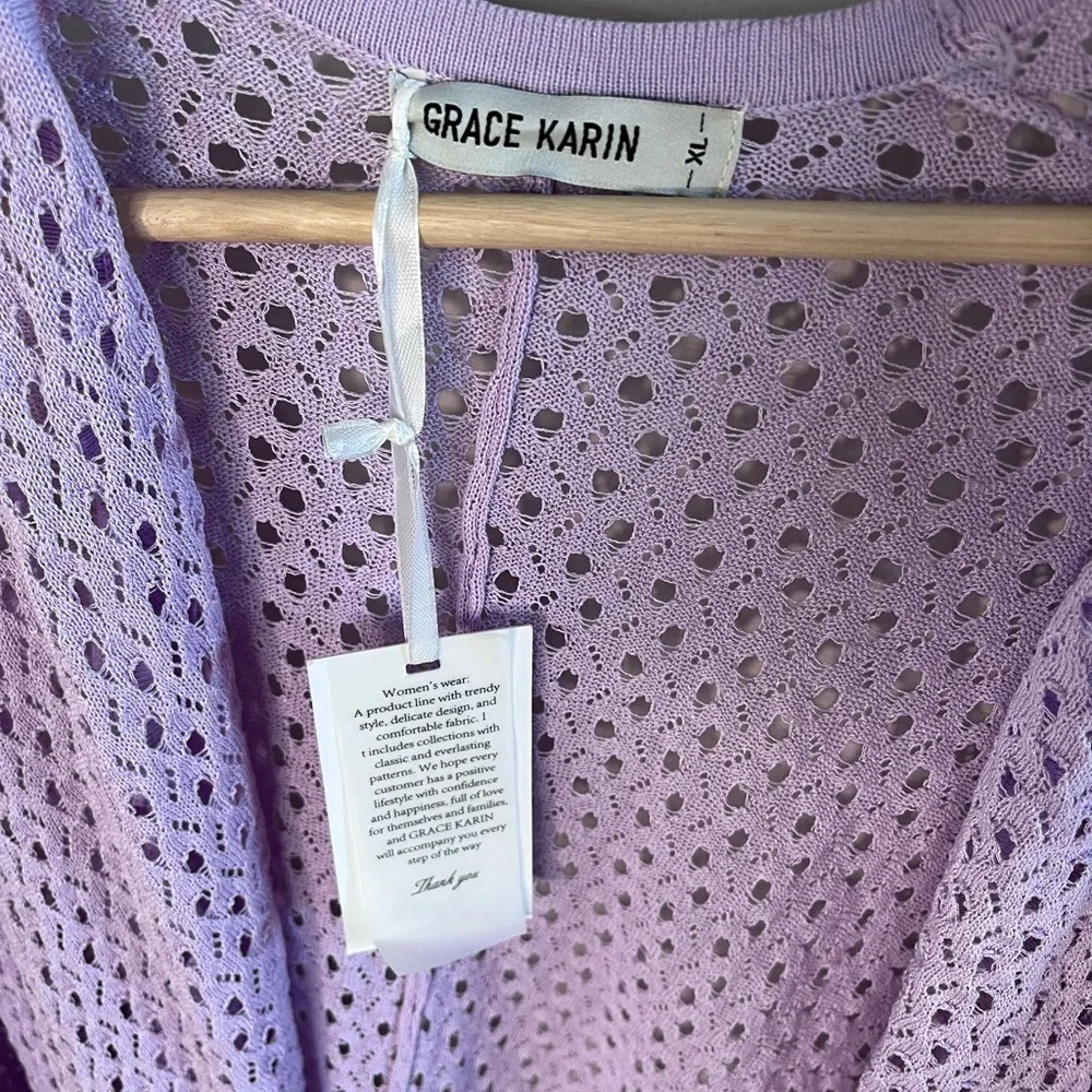 Grace Karin Lilac Crochet Cardigan Open Knit Lightweight Cover Up‎ Long Sleeve